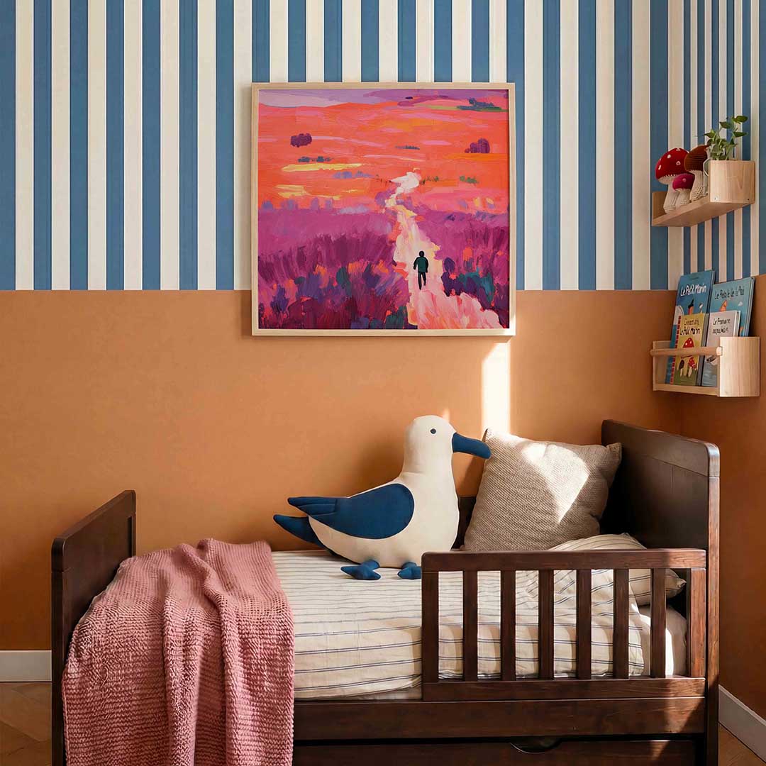 Wandelaar in kleurrijk landschap – kids poster in vierkant formaat