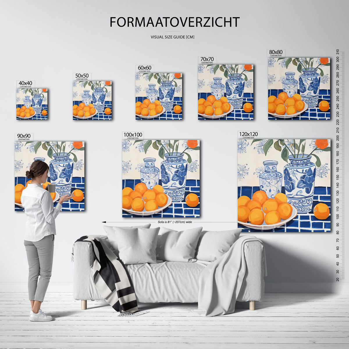 Blauwe vazen en sinaasappels – vierkante muurposter met bloemen
