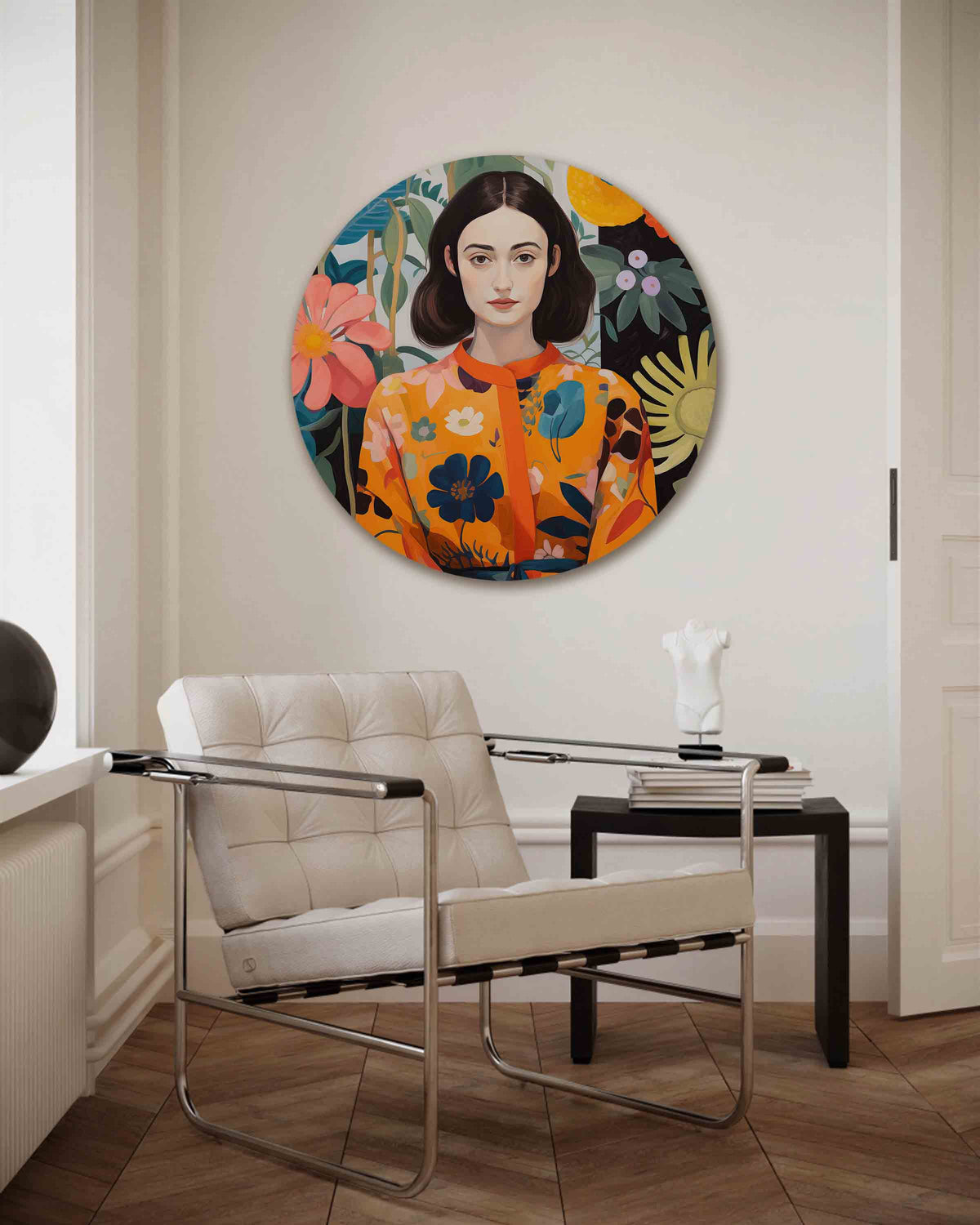 Vrouw met bloemen – kleurrijke muurcirkel als ronde wanddecoratie