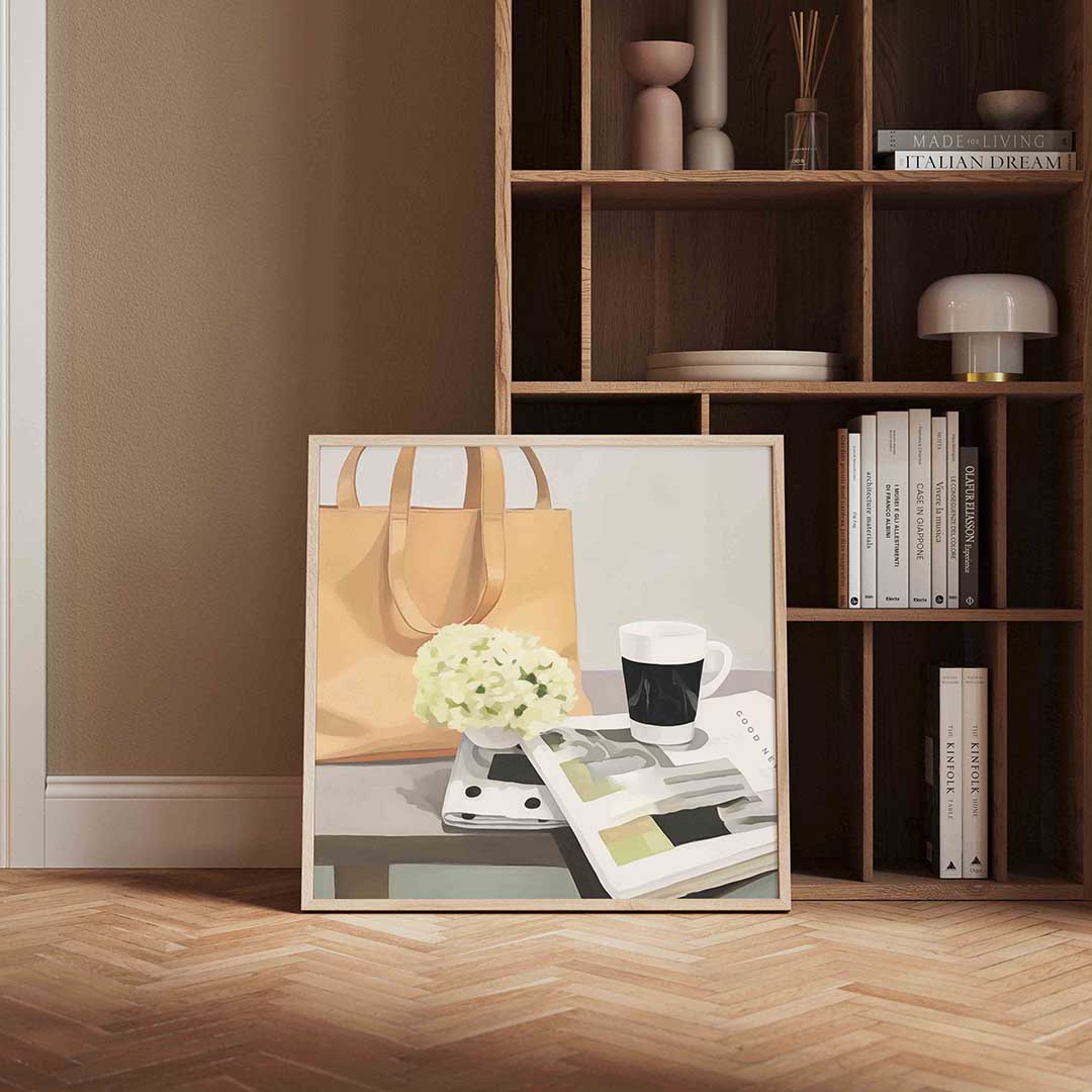 Stilleven met tas en koffie – vierkante wanddecoratie met kleur en vorm van WallArtistic
