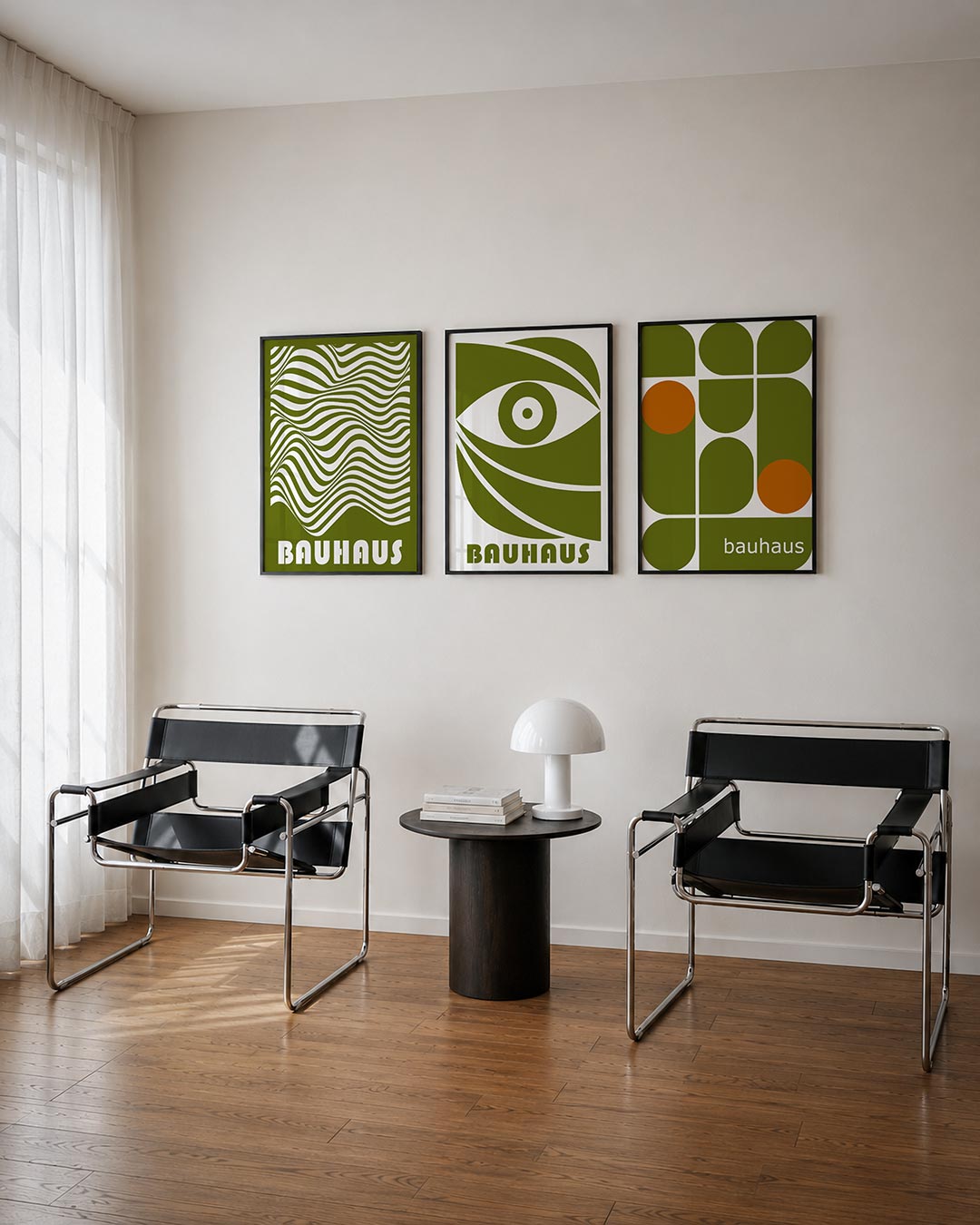 Golvend lijnenspel driedelige posterset – deze posterset toont vloeiende lijnen in olijfgroen en wit, die een dynamisch ritme