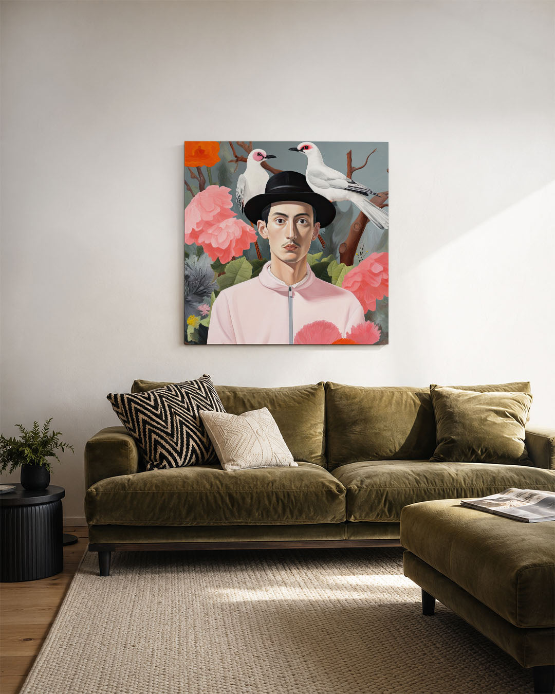 Vogels en bloemen portret kunstwerk – derde productweergave – dit werk toont een man met een hoed, omringd door kleurrijke