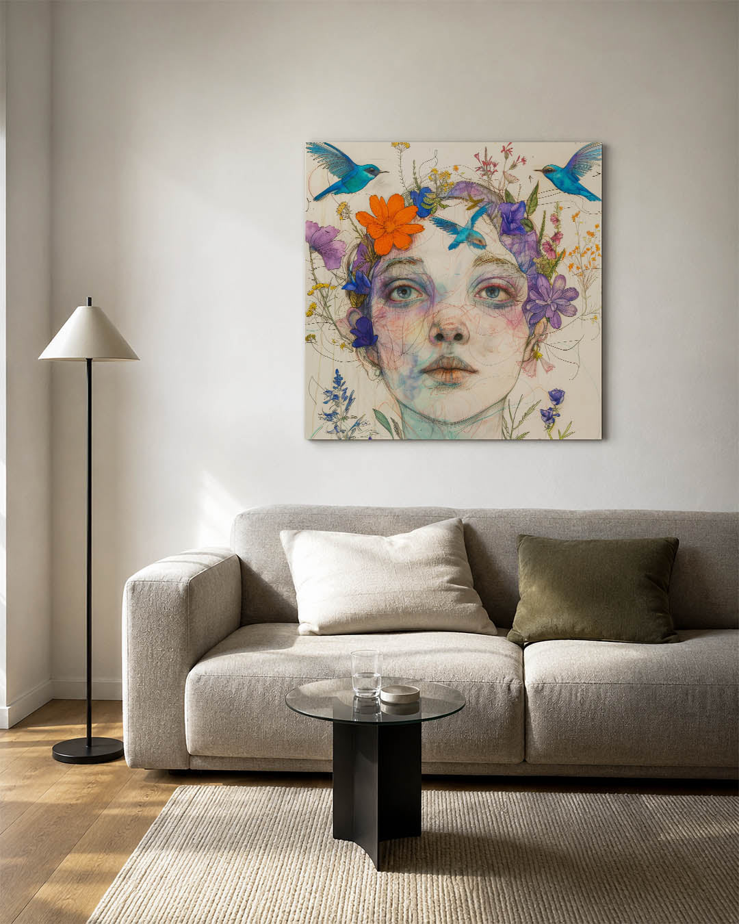 Dromerige bloemenportret kunstwerk – vierkante wanddecoratie – dit kunstwerk toont een vrouwelijk gezicht omringd door