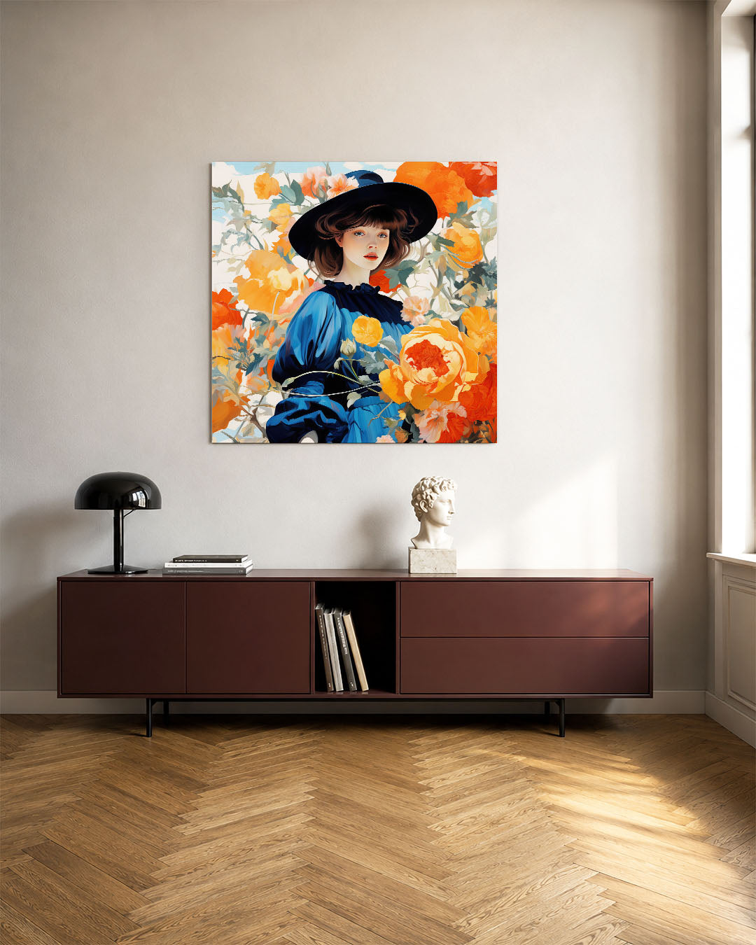 Vrouw met bloemen kunstwerk – tweede productweergave – een vrouw in een blauwe jurk omringd door levendige oranje bloemen. De