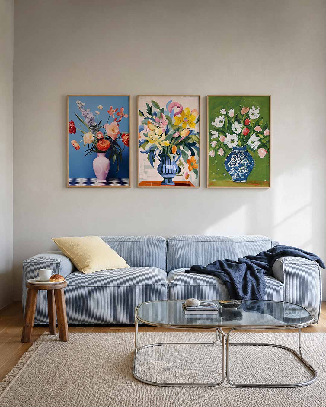 Bloemen en patronen posterset – tweede productweergave – een levendig boeket in een vaas tegen een blauwe achtergrond