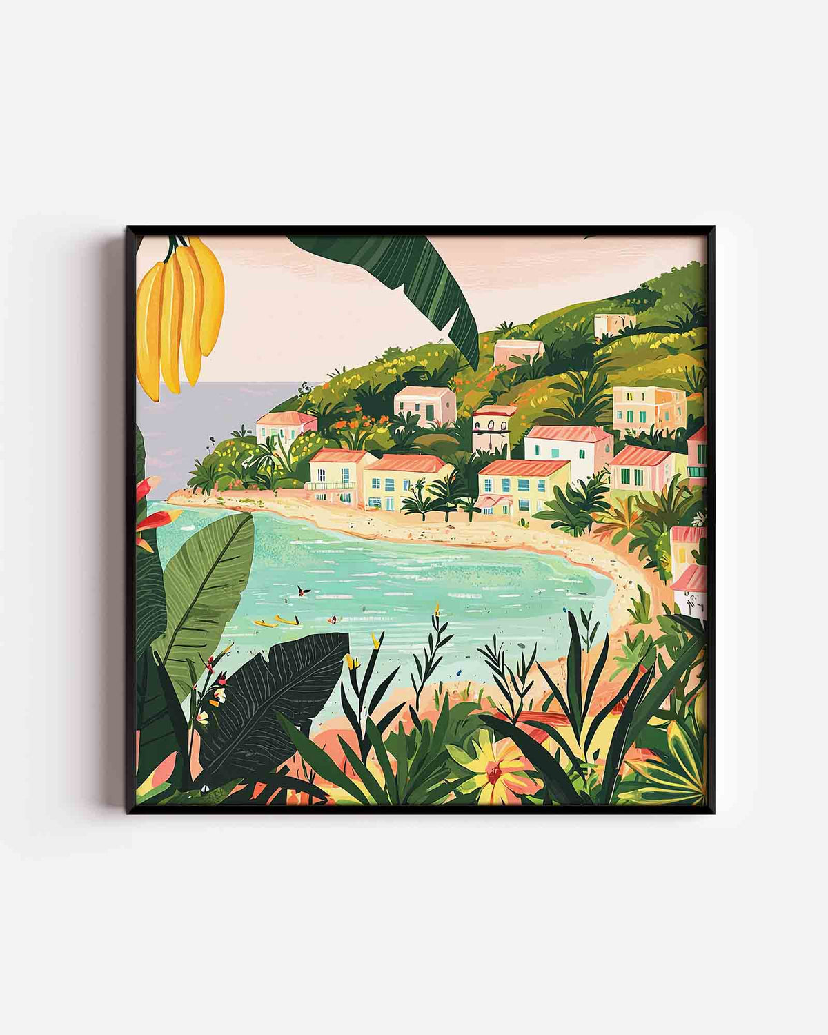 Tropisch strand met huizen – jungle vierkante poster als wanddecoratie