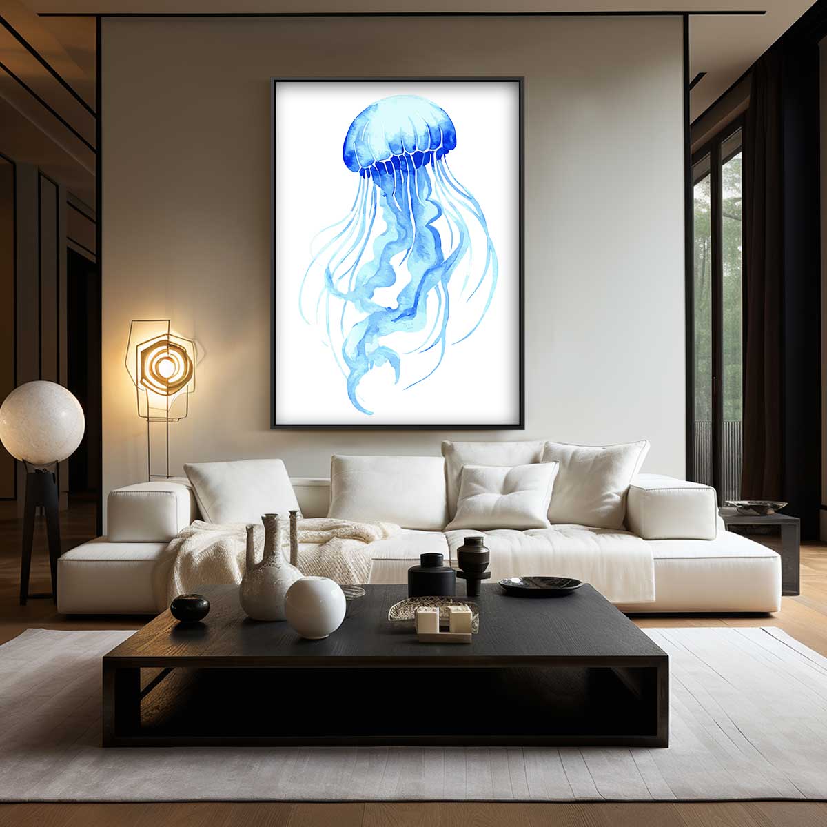 Dromerige Kwallen in Blauw – kunstwerk met zwarte baklijst