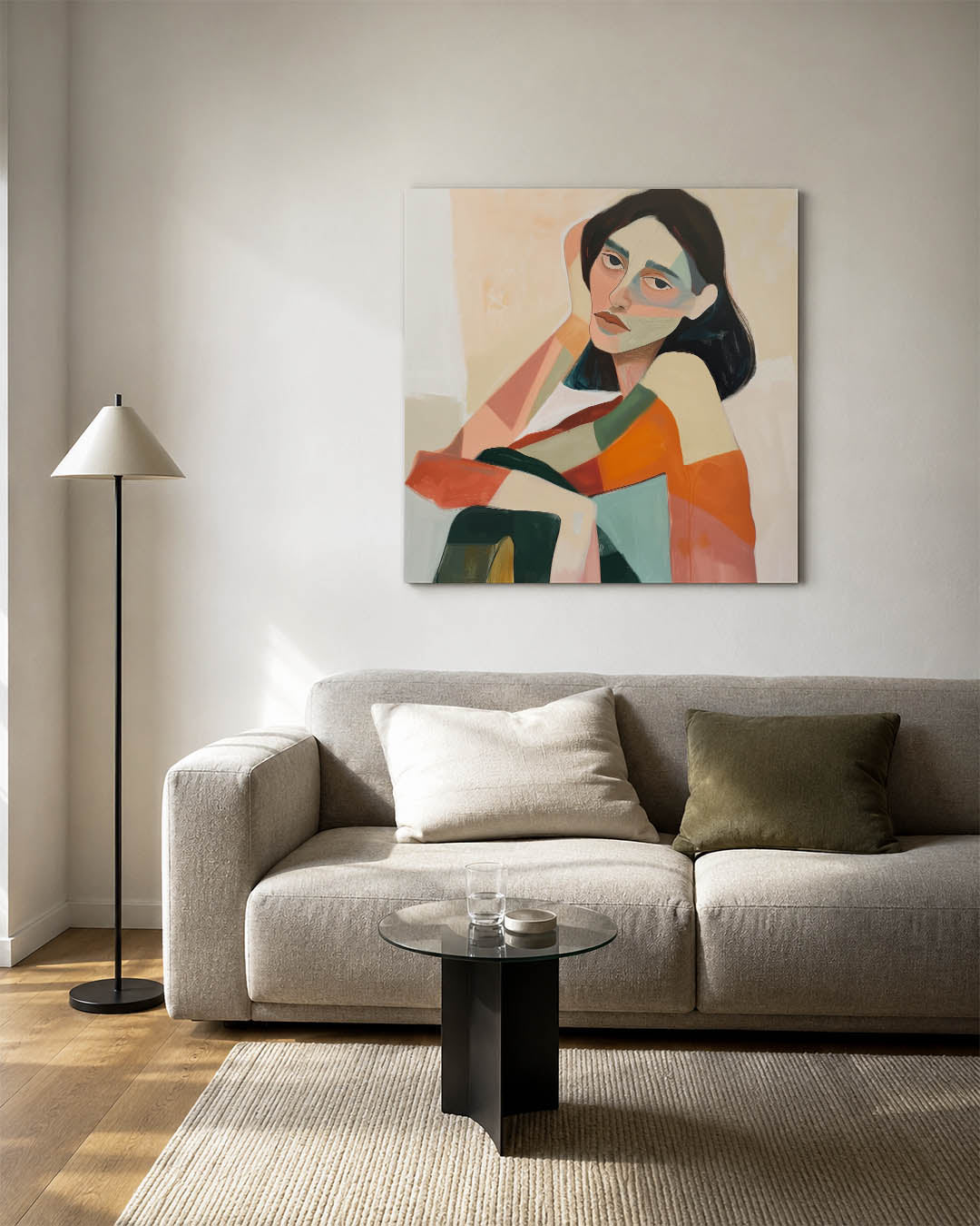 Vrouwelijk portret kleuren kunstwerk – vierkante wanddecoratie – dit kunstwerk toont een vrouwelijk portret met vloeiende