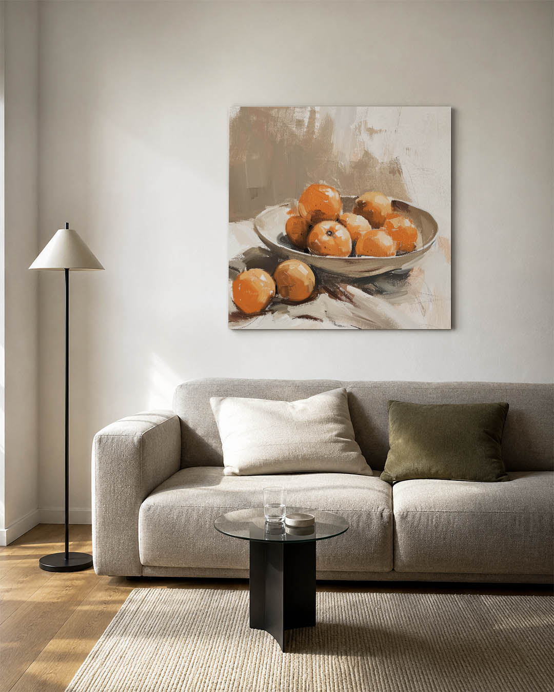 Sinaasappels in schaal kunstwerk – vierkante wanddecoratie – dit werk toont een schaal met sinaasappels, omlijst door zachte