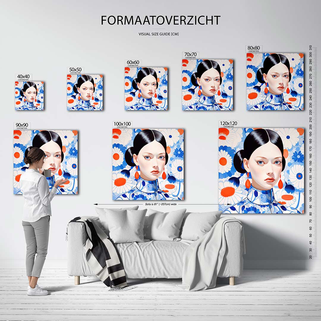 Vrouwelijk portret bloemen kunstwerk – sfeerbeeld – dit kunstwerk toont een vrouwelijk portret met een achtergrond van grote