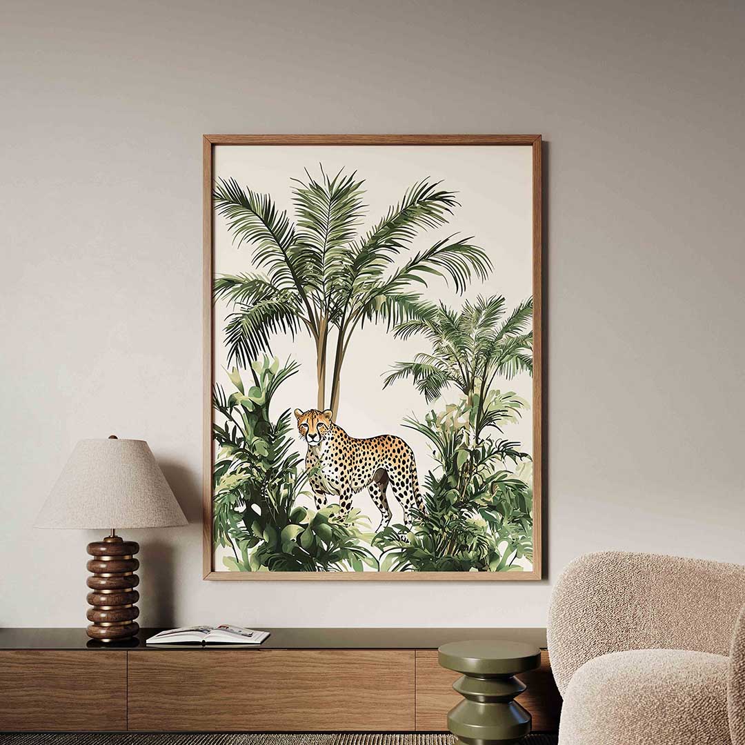 Luipaard en palmbomen – tropische jungle poster in staand formaat