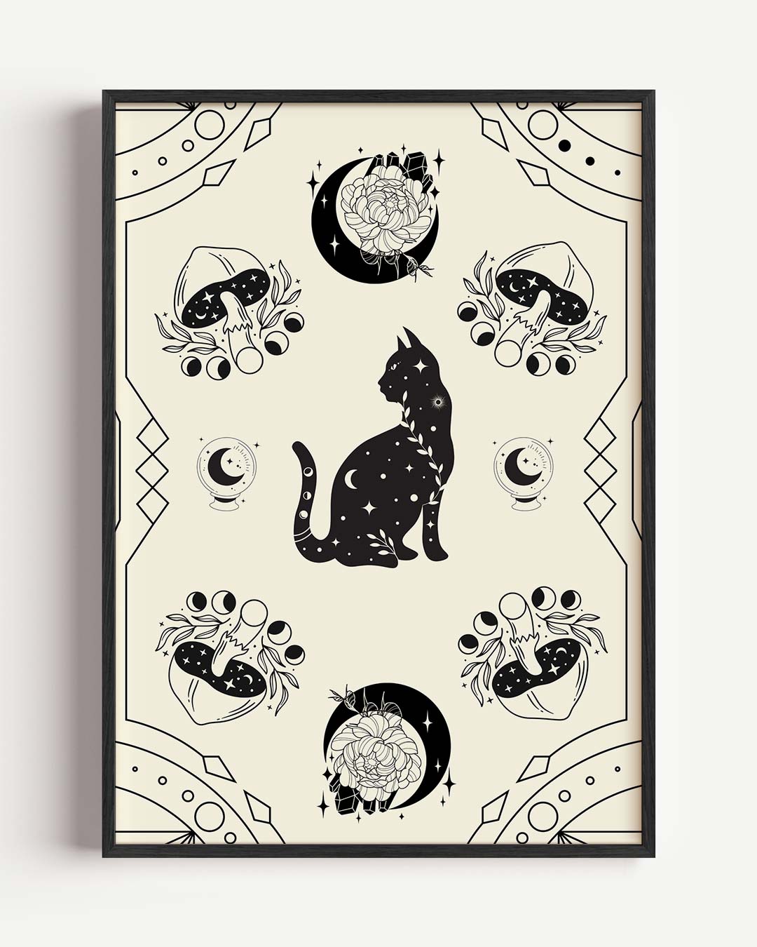 Mystieke Kat & Paddenstoelen – mindful portret poster als wanddecoratie