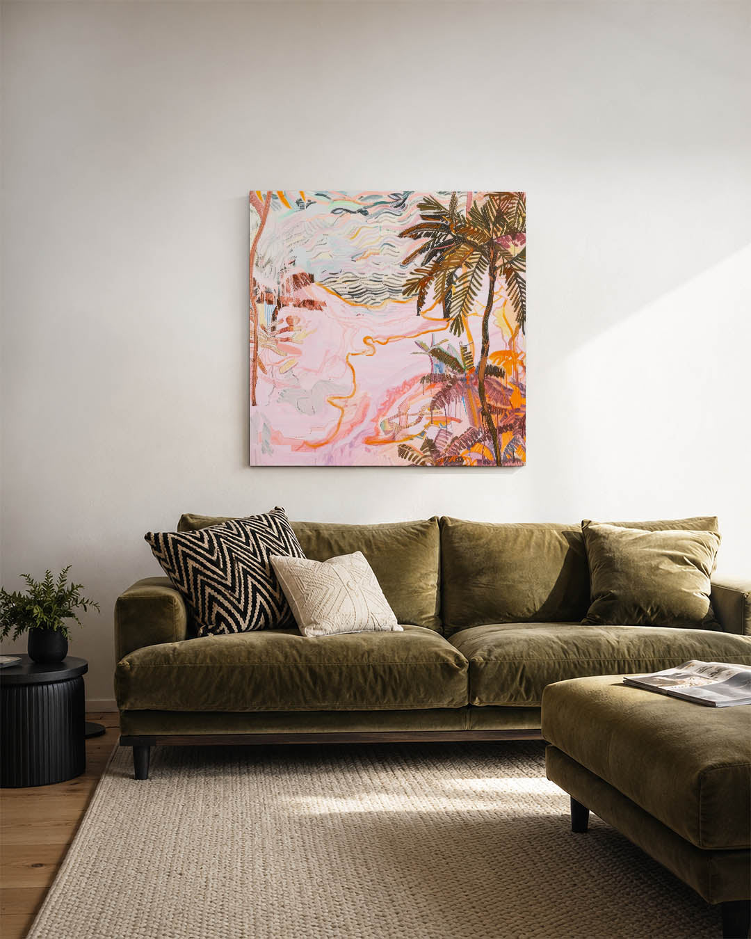 Vrolijke palmen kunstwerk – sfeerbeeld – dit werk toont een levendige compositie van palmbomen met vloeiende lijnen en