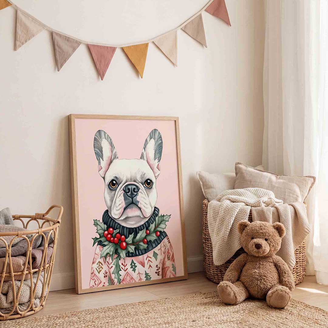 Franse bulldog met kersttrui – speelse wandkunst als portret kinderposter