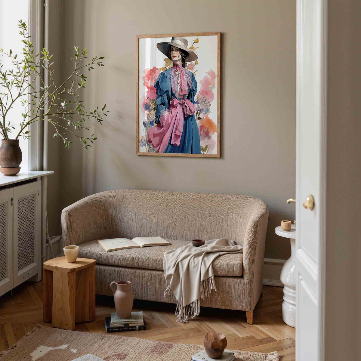 Vrouw met hoed en bloemen – botanische poster in staand formaat