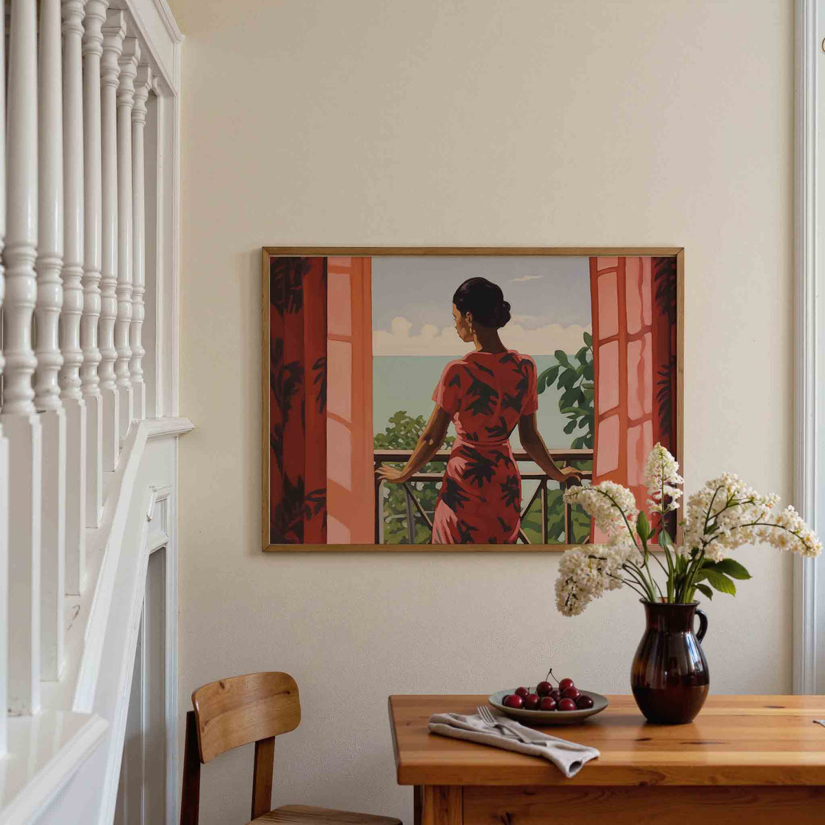 Vrouw bij balkon – liggende illustratie poster als wanddecoratie