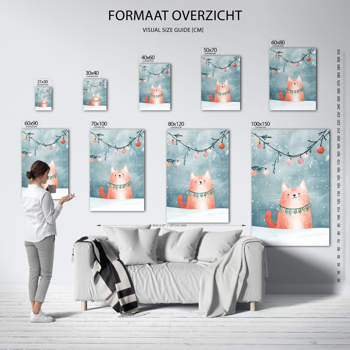 Kat met kerstversiering – staande muurposter voor de kinderkamer
