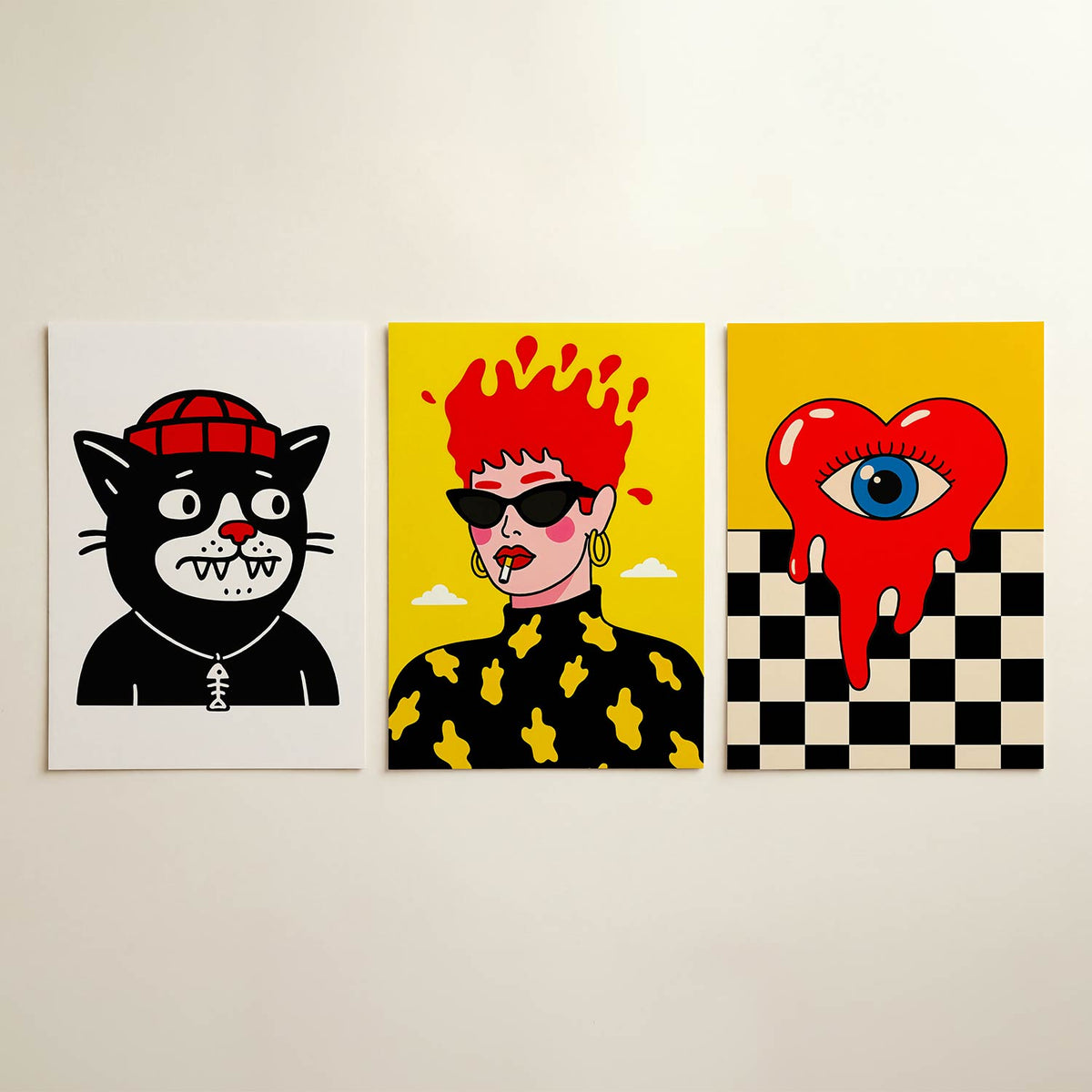 Kleurrijke kat driedelige posterset in interieur