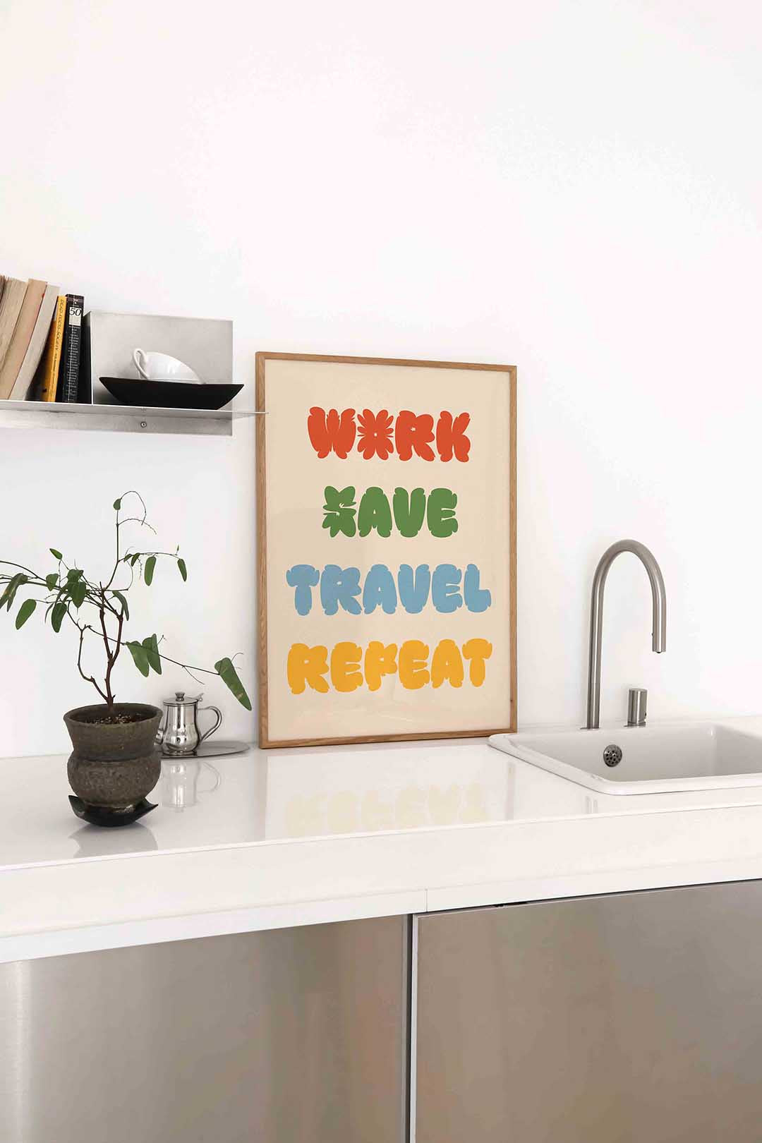 Work save travel repeat – staande keuken wanddecoratie van WallArtistic
