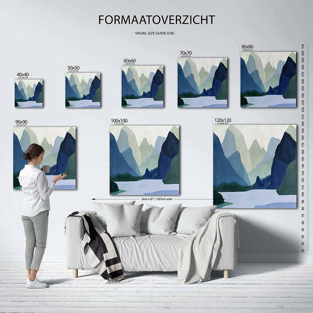 Serene berglandschap kunstwerk – materiaalweergave – dit werk toont een rustig berglandschap met zachte lijnen en vloeiende