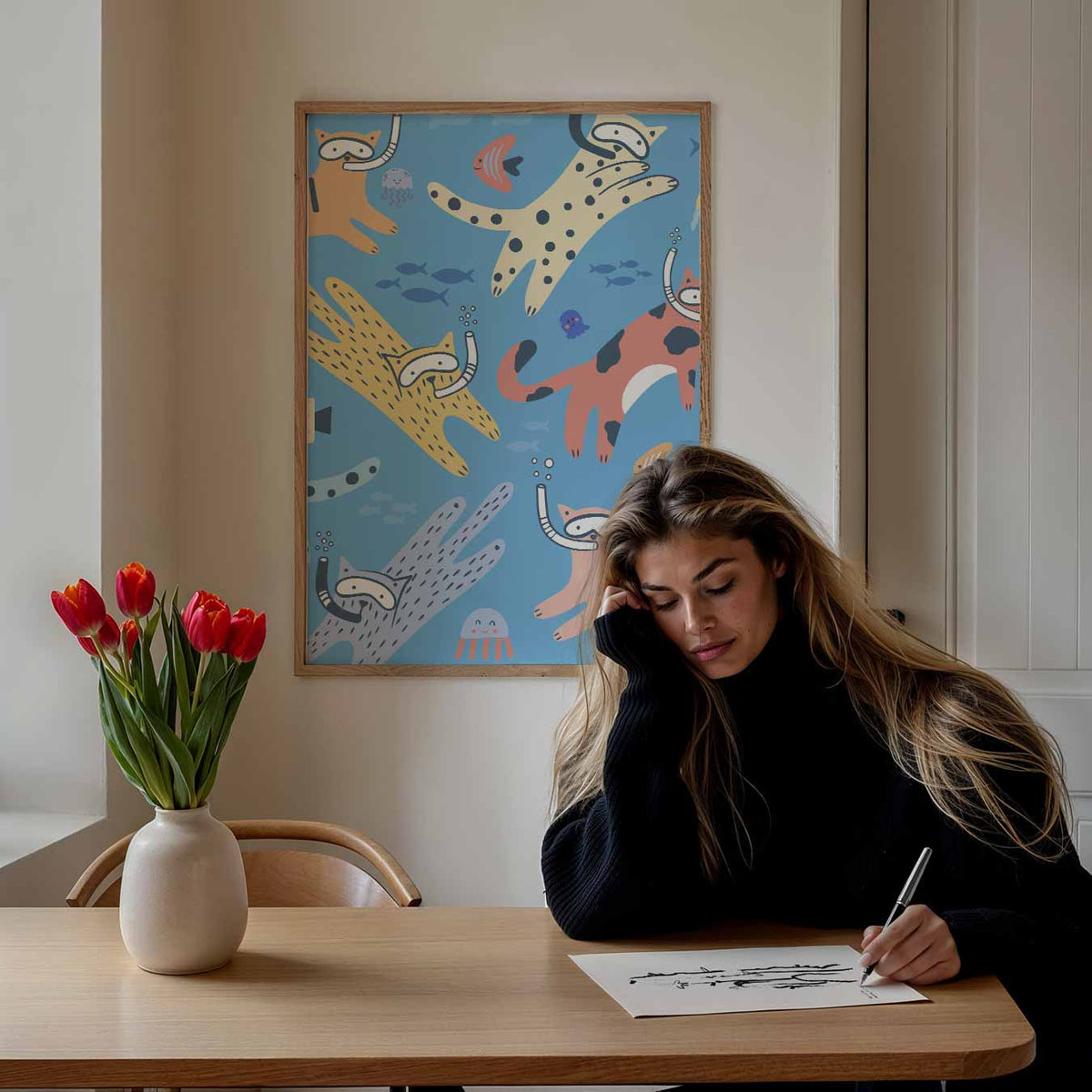 Duikende Katten Illustratie – staande dieren wanddecoratie van WallArtistic
