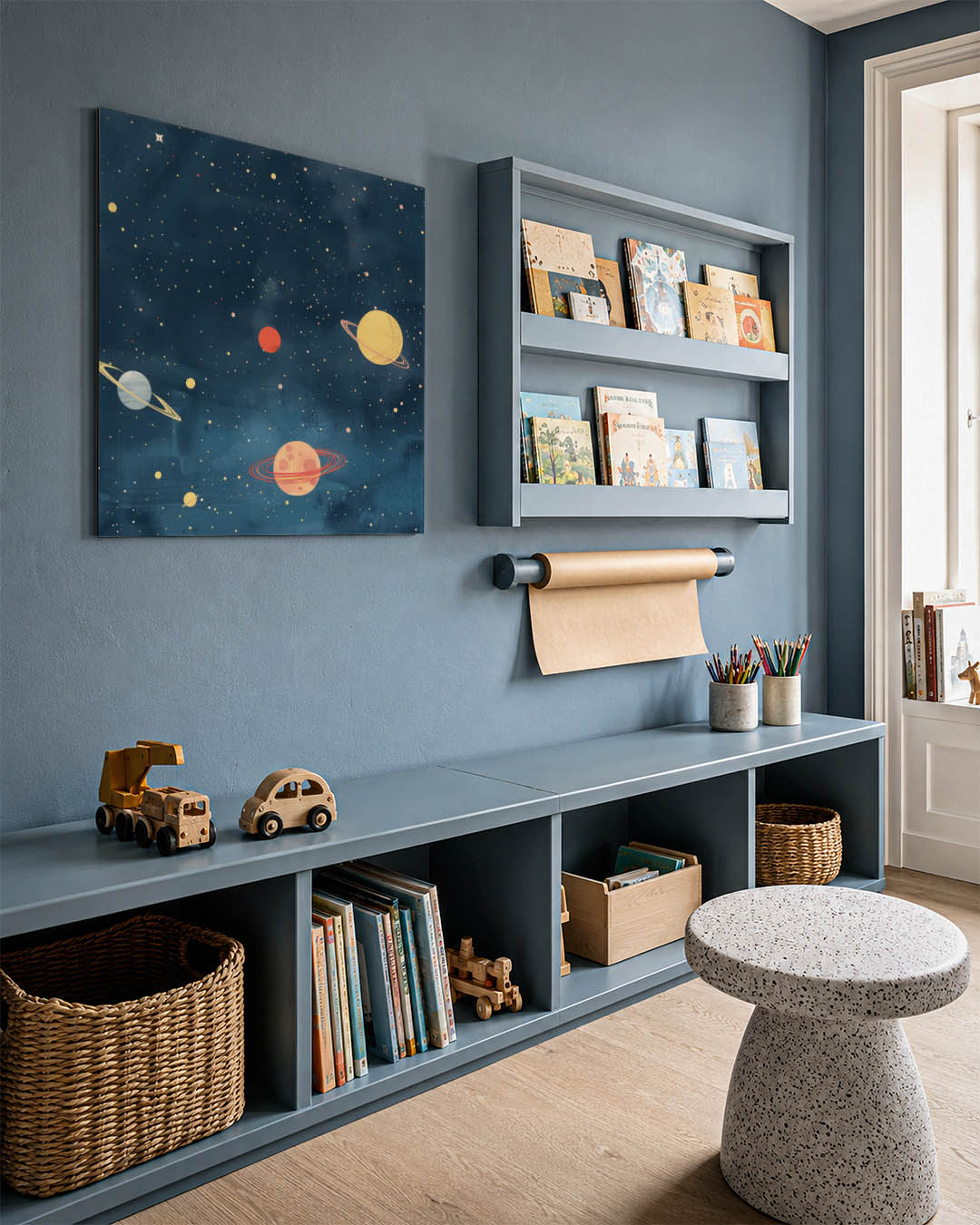 Kosmische hemel kunstwerk – detailweergave – dit kunstwerk toont een sterrenhemel met kleurrijke planeten en sterren