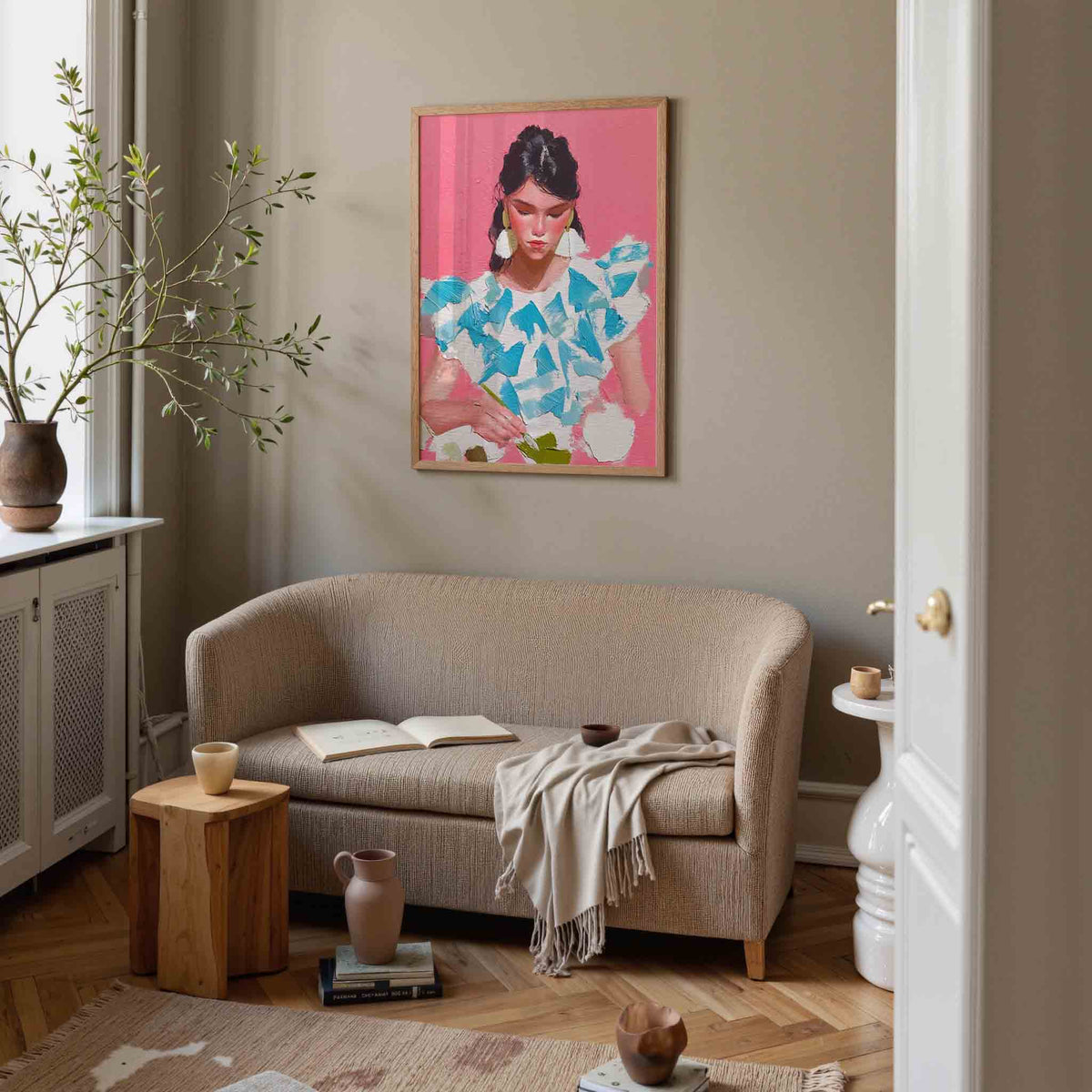 Vrouw met roze achtergrond – illustratie poster in staand formaat
