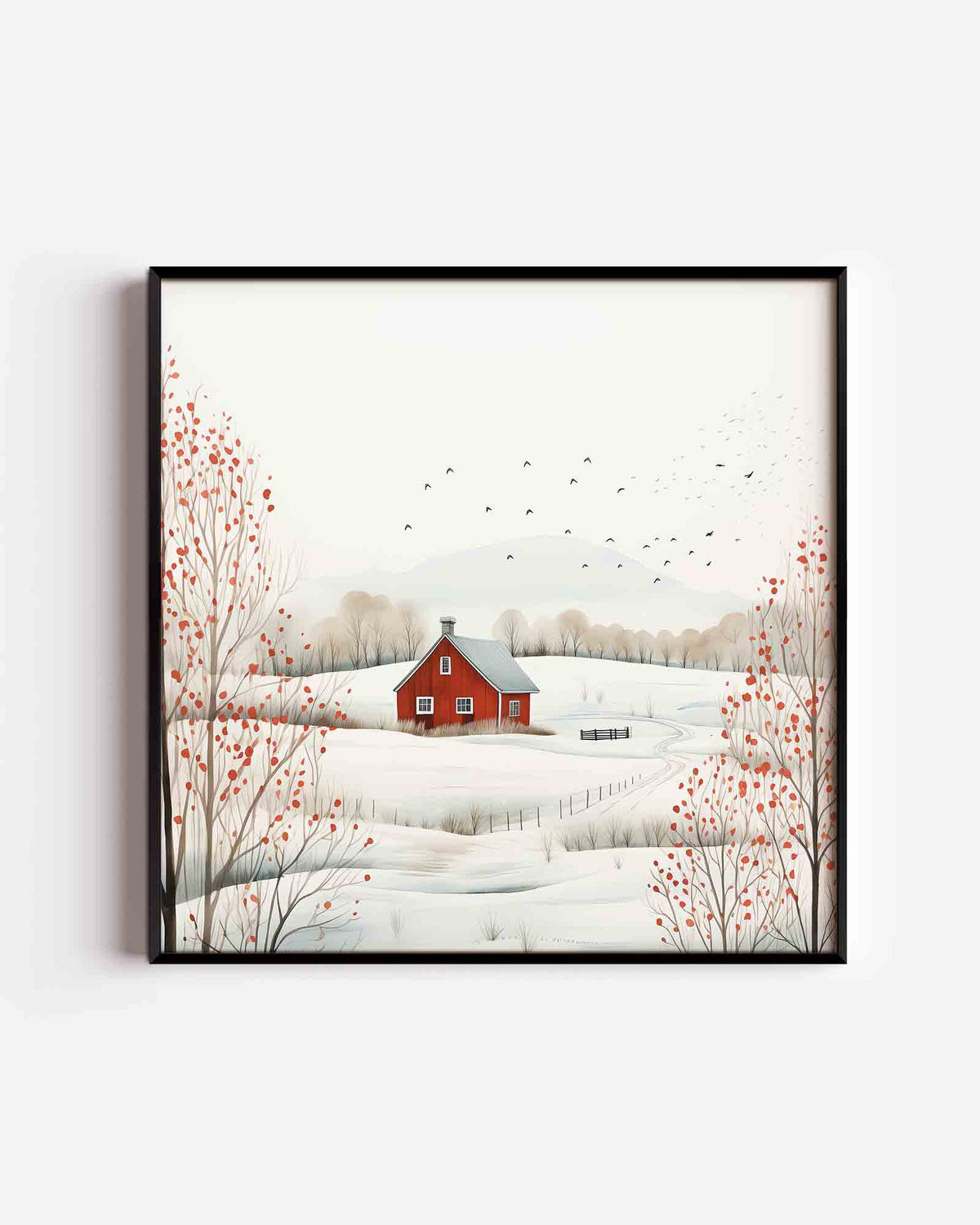 Landschap met rode schuur – kerst vierkante poster als wanddecoratie
