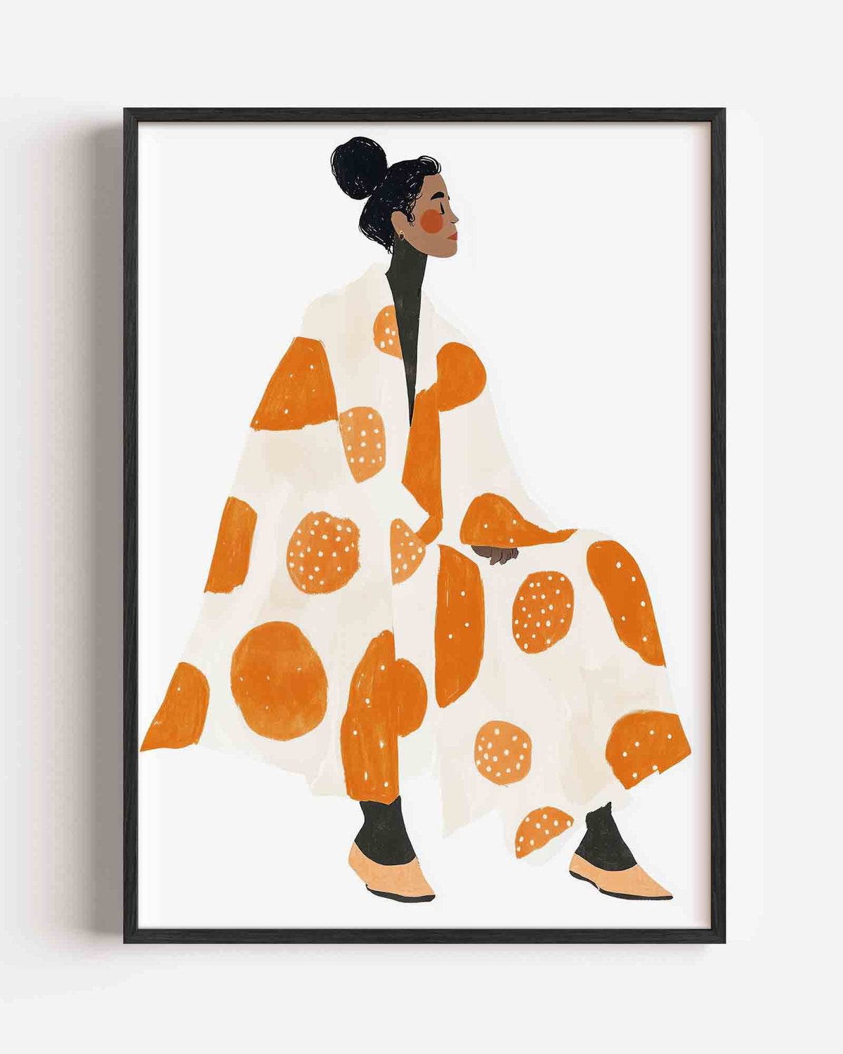 Vrouw in oranje en witte stippen – moderne portret poster als wanddecoratie