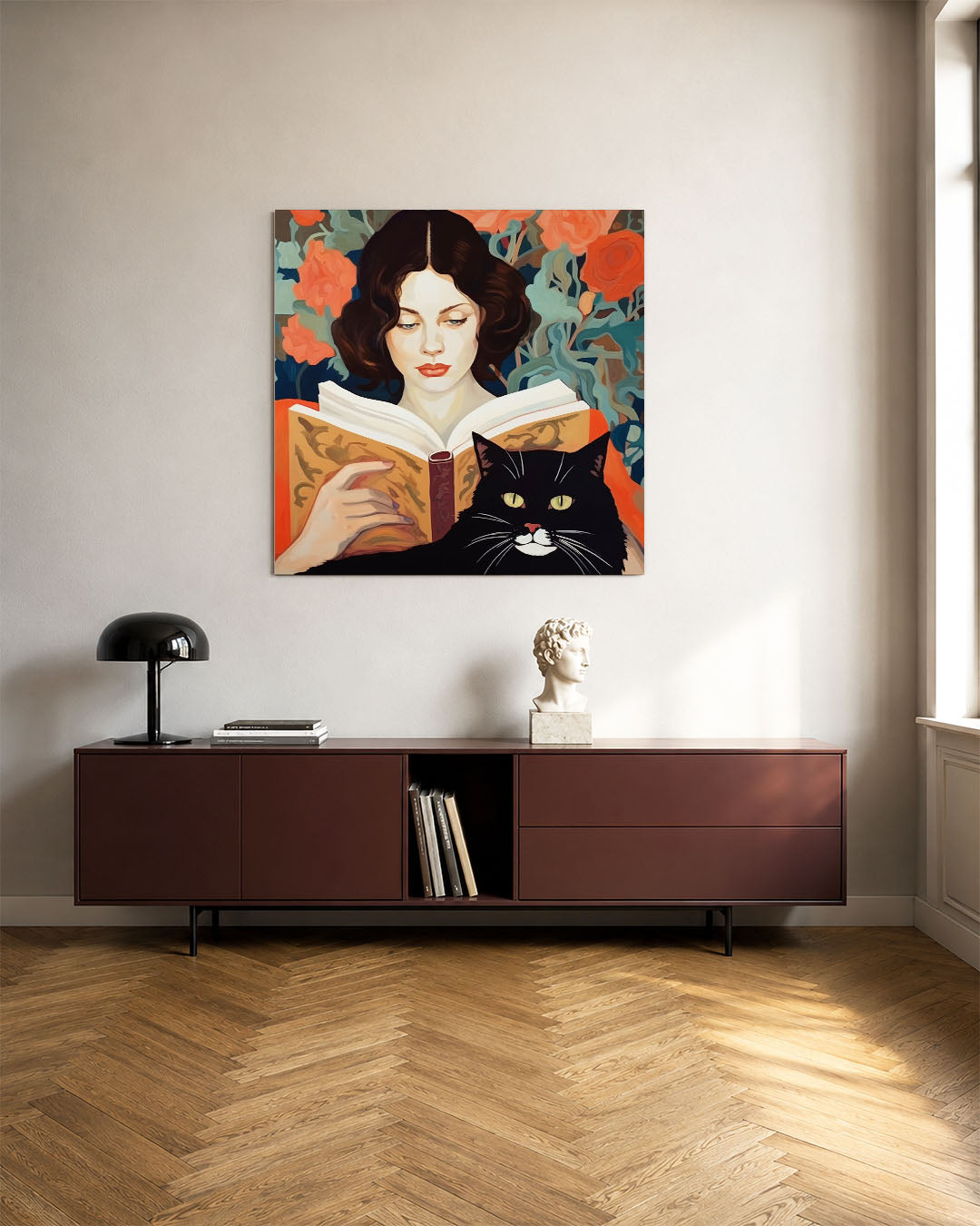 Vrouw met kat en boek kunstwerk – tweede productweergave – een vrouw leest een boek terwijl een zwarte kat op de voorgrond