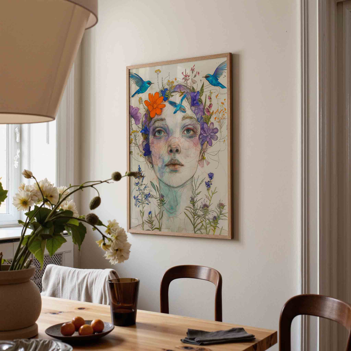 Vrouw met bloemen en vogels – eigentijdse illustratie poster in staand formaat