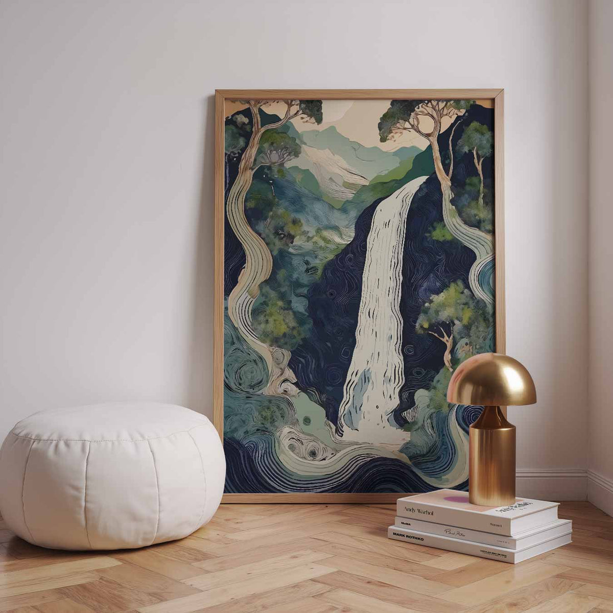 Dromerige Waterval Sprookjesbos – zomerse wandkunst als portret poster