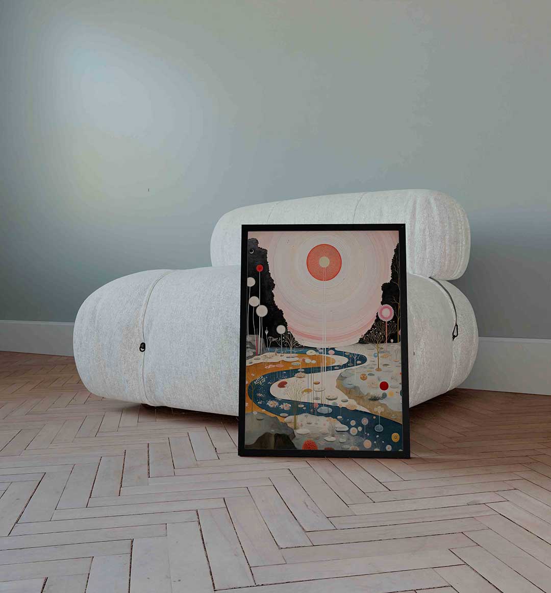 Landschap met zon en rivier – surrealistische wandkunst als portret poster