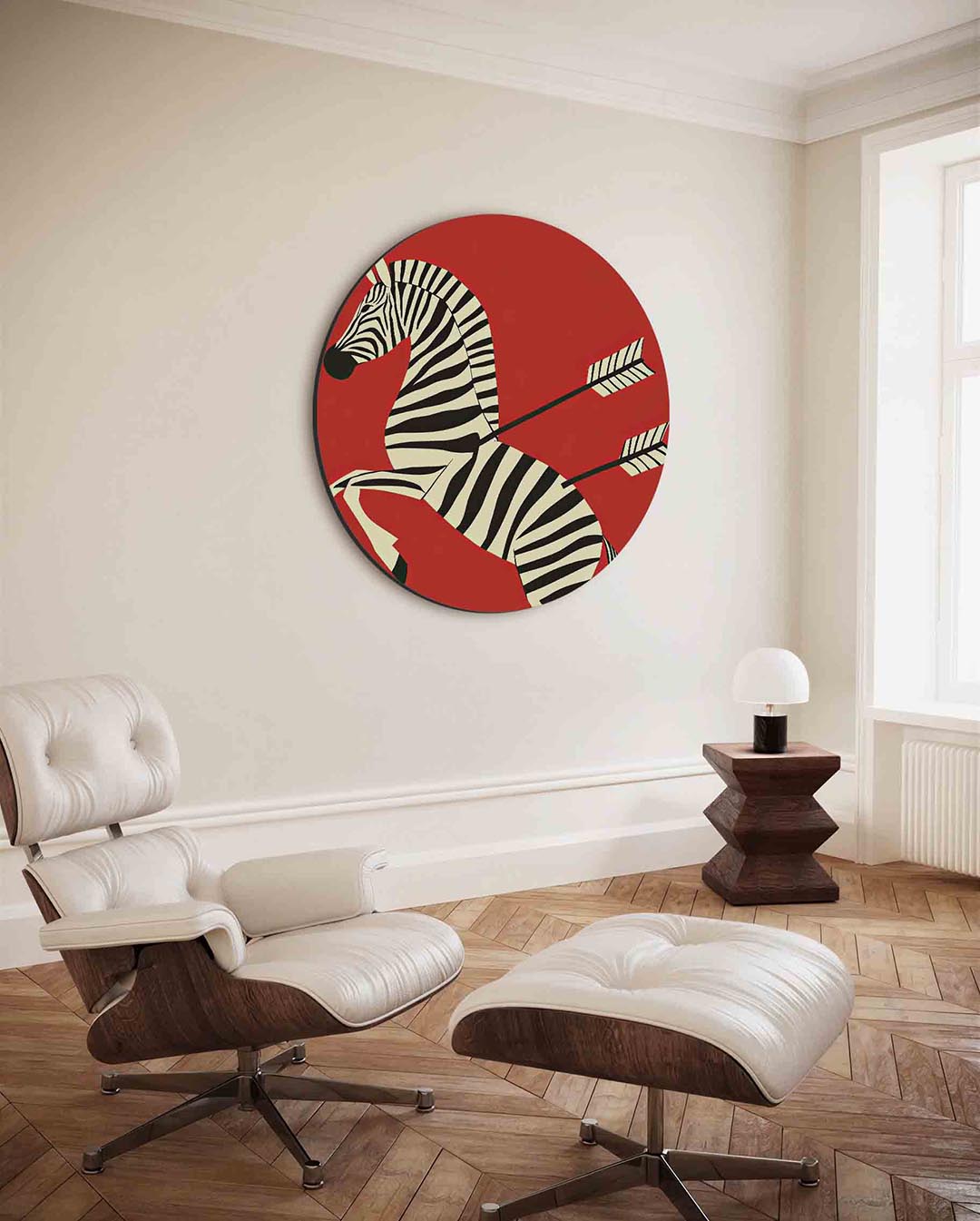 Zebra met pijlen – kleurrijke ronde wanddecoratie van WallArtistic