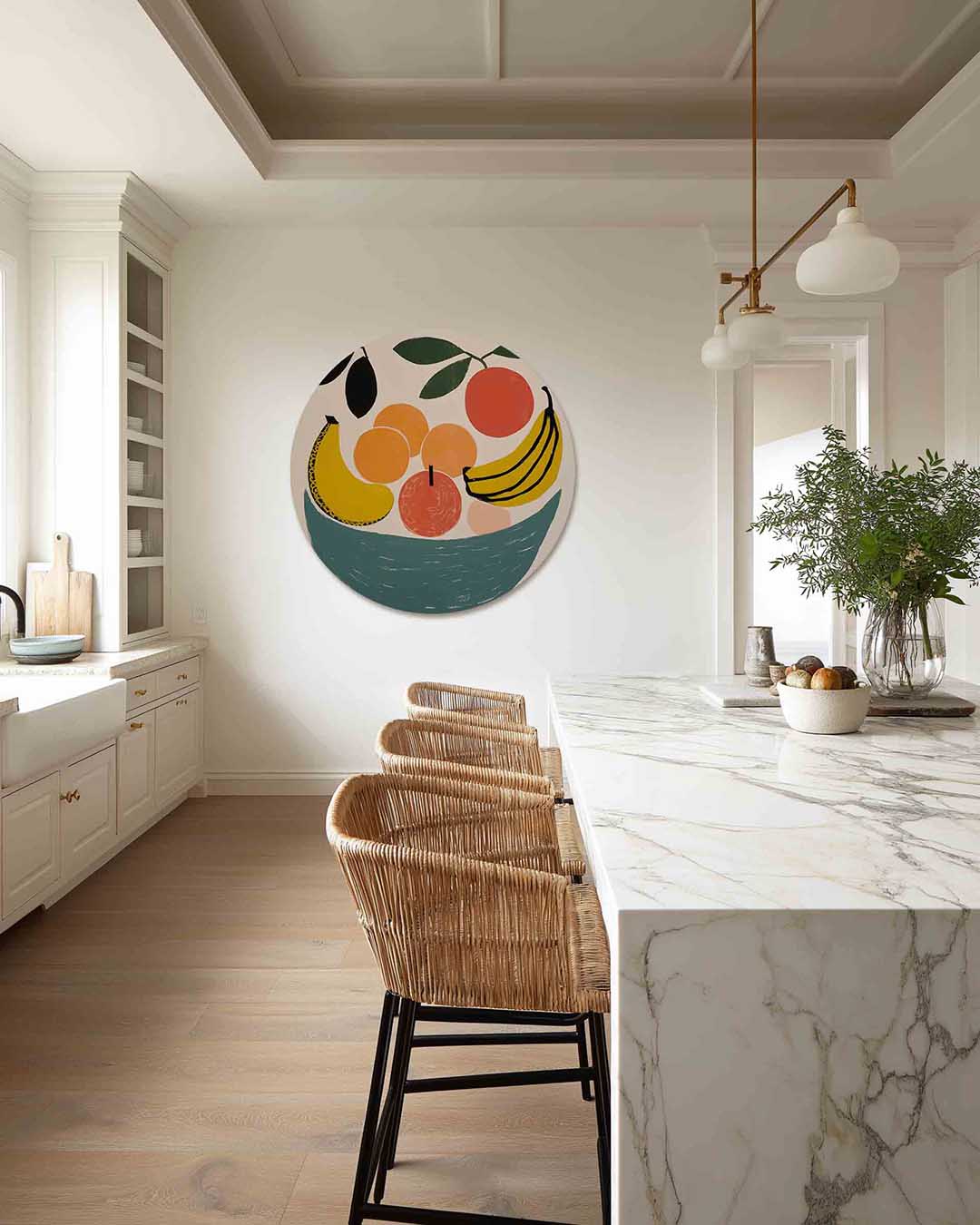 Fruit in schaal – abstracte muurcirkel als ronde wanddecoratie