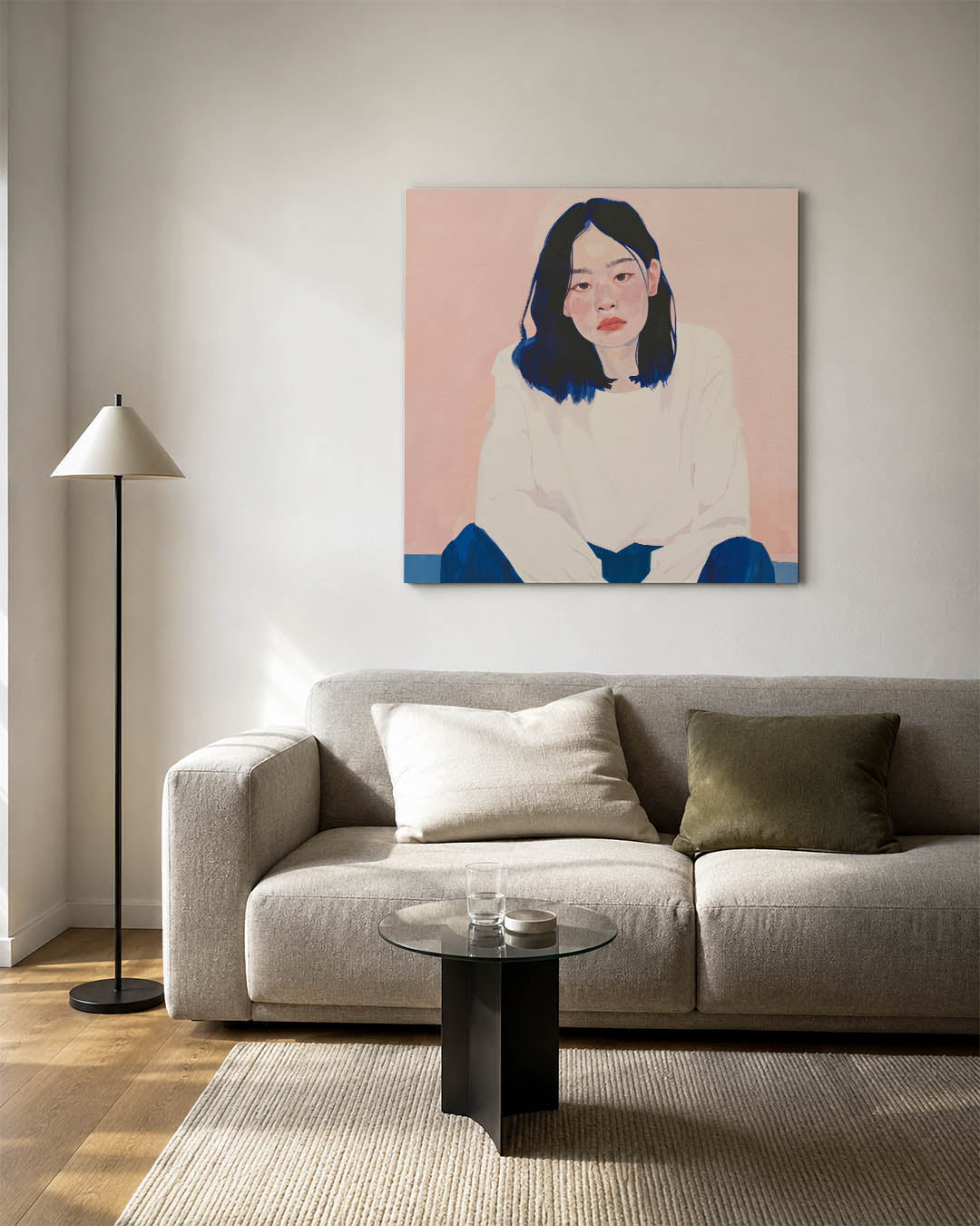 Portretstudie kunstwerk – vierkante wanddecoratie – dit werk toont een portret tegen een zachte achtergrond. De combinatie