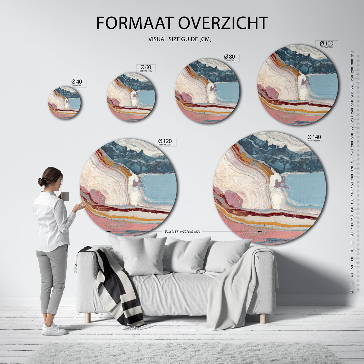 Abstracte lagen – ronde muurdecoratie met vrouwelijk portret