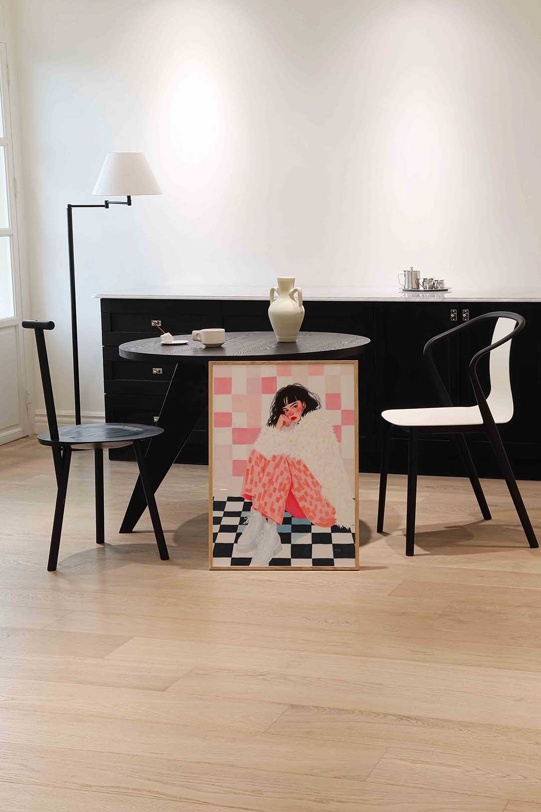Vrouw met bontjas – moderne wandkunst als portret poster