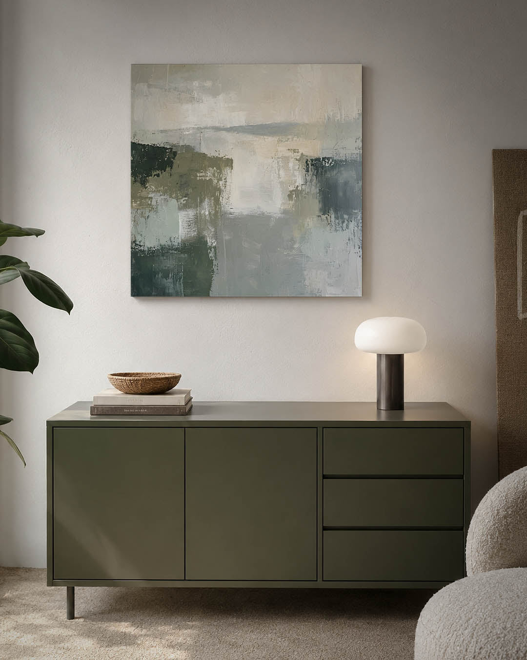 Rustige kleurencompositie kunstwerk – detailweergave – dit werk toont een serene mix van zachte kleuren en vloeiende vormen.