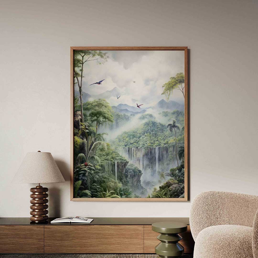 Vogelvlucht over waterval – tropische jungle poster in staand formaat