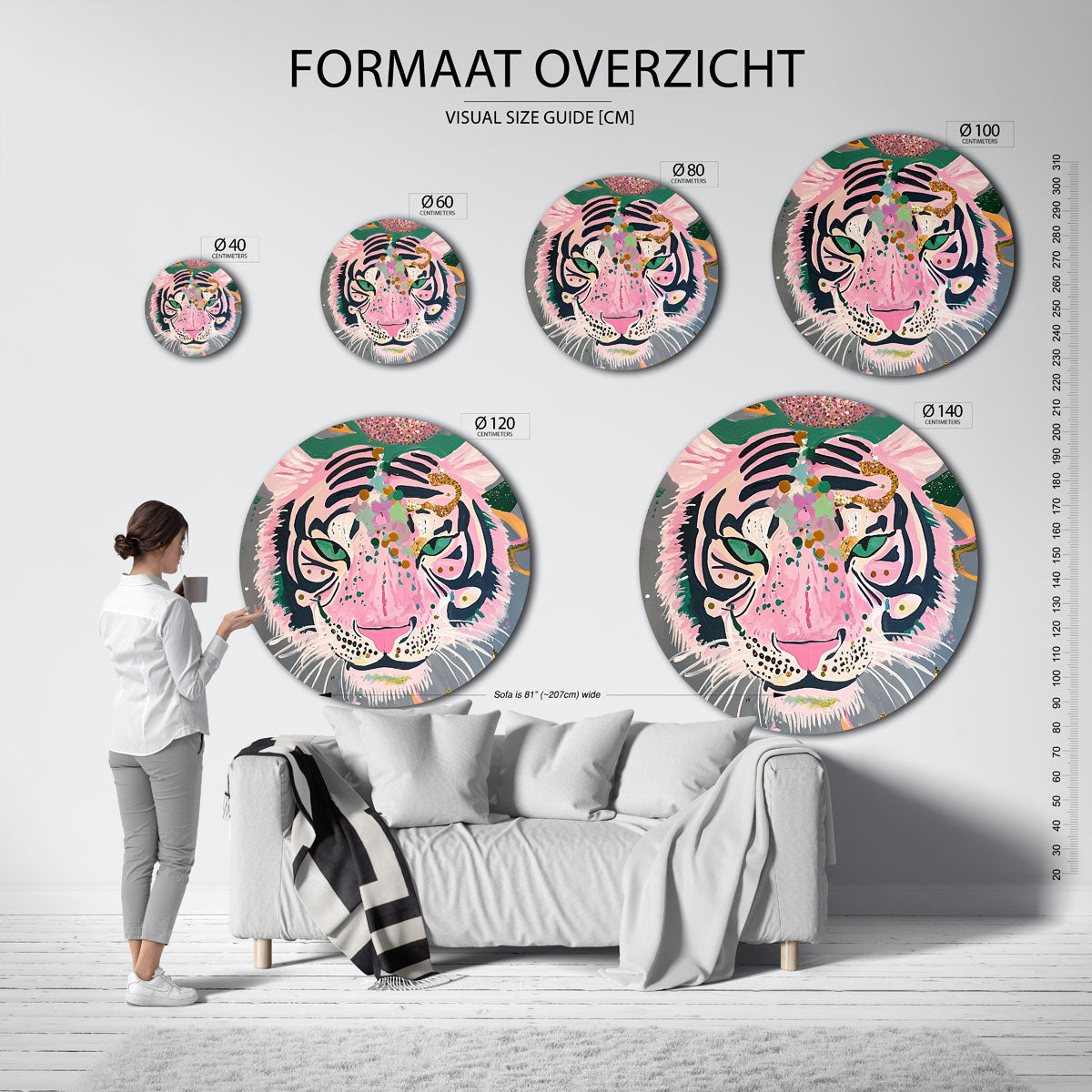 Roze tijger – ronde muurcirkel met kleurrijke illustratie