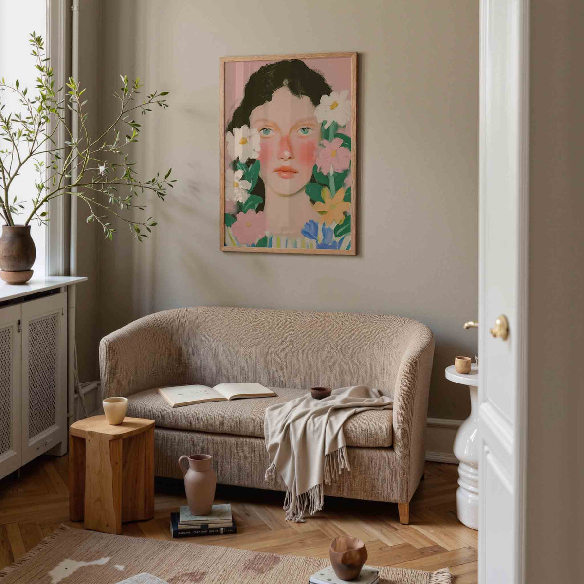 Bloemen en gezicht – pastel poster in staand formaat