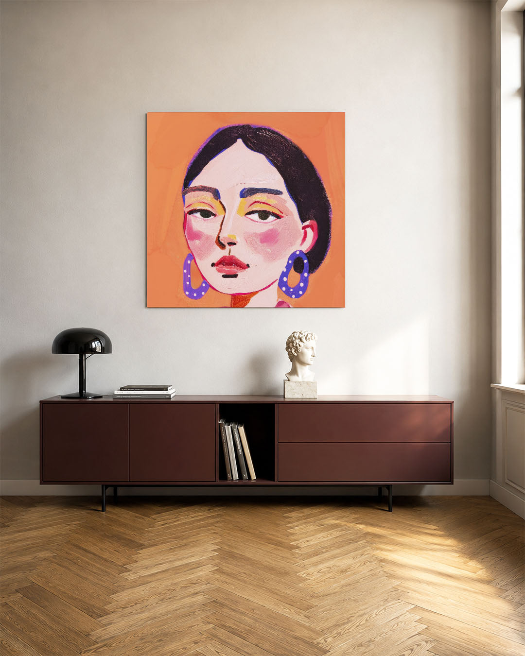 Portret kunstwerk – tweede productweergave – dit kunstwerk toont een portret met gedurfde kleuren en vormen. De compositie is