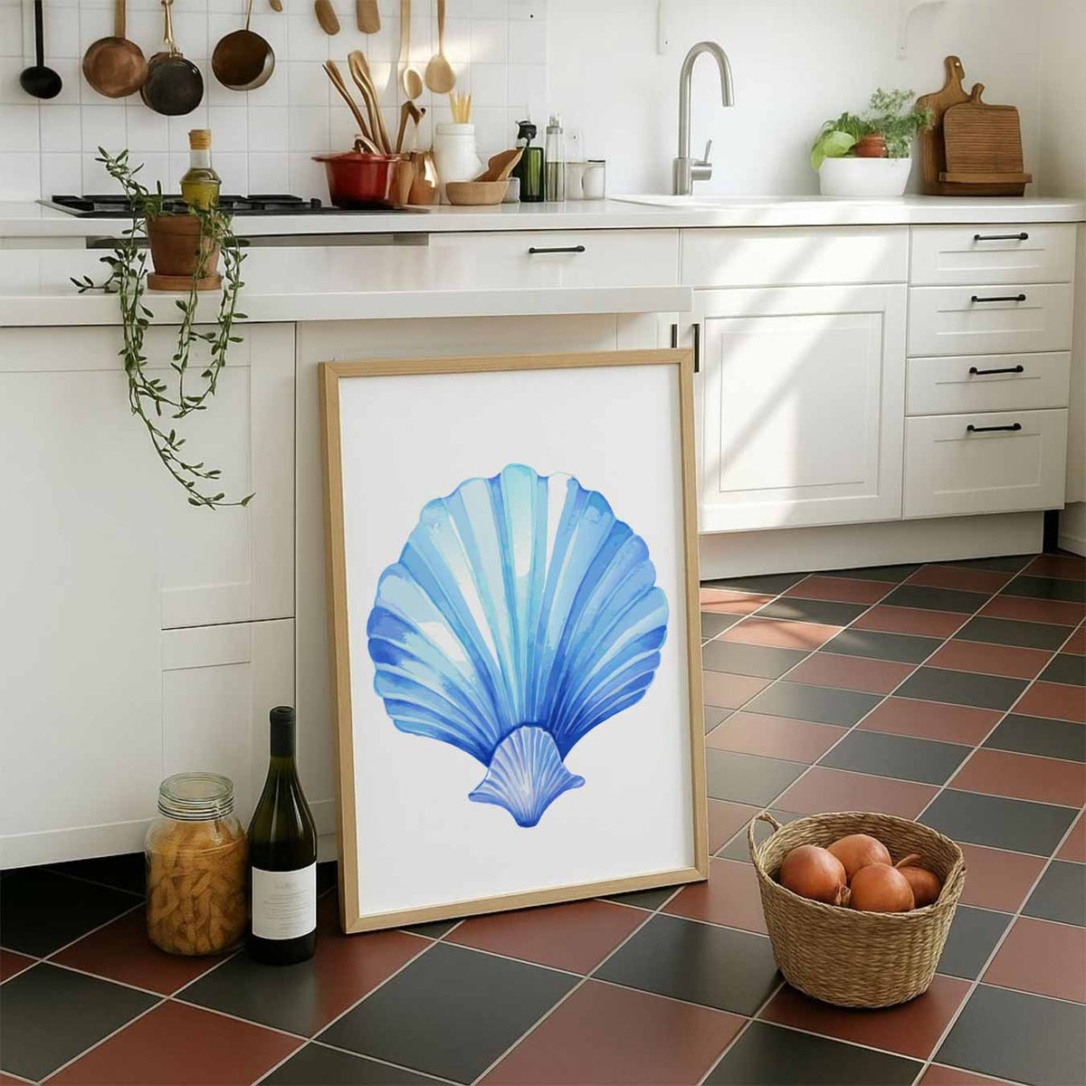 Blauwe Schelp Art Print – staande muurposter met zomerse uitstraling