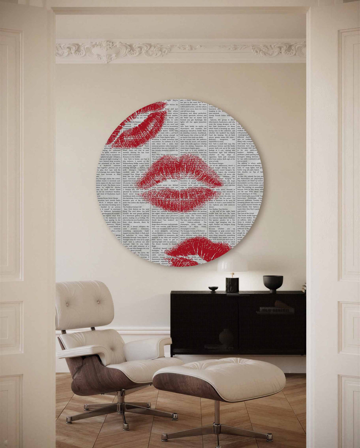 Rode lipafdrukken – kleurrijke Pop Art muurcirkel voor aan de muur