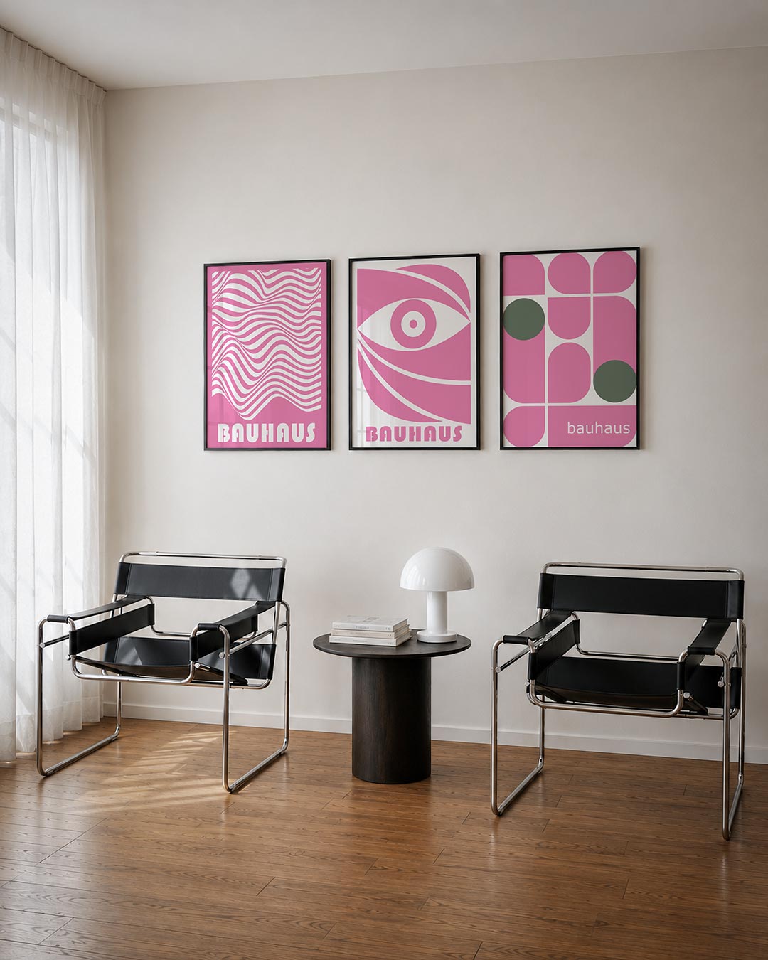 Golvend lijnenspel posterset – derde productweergave – deze posterset in drie delen toont vloeiende, roze en witte lijnen die
