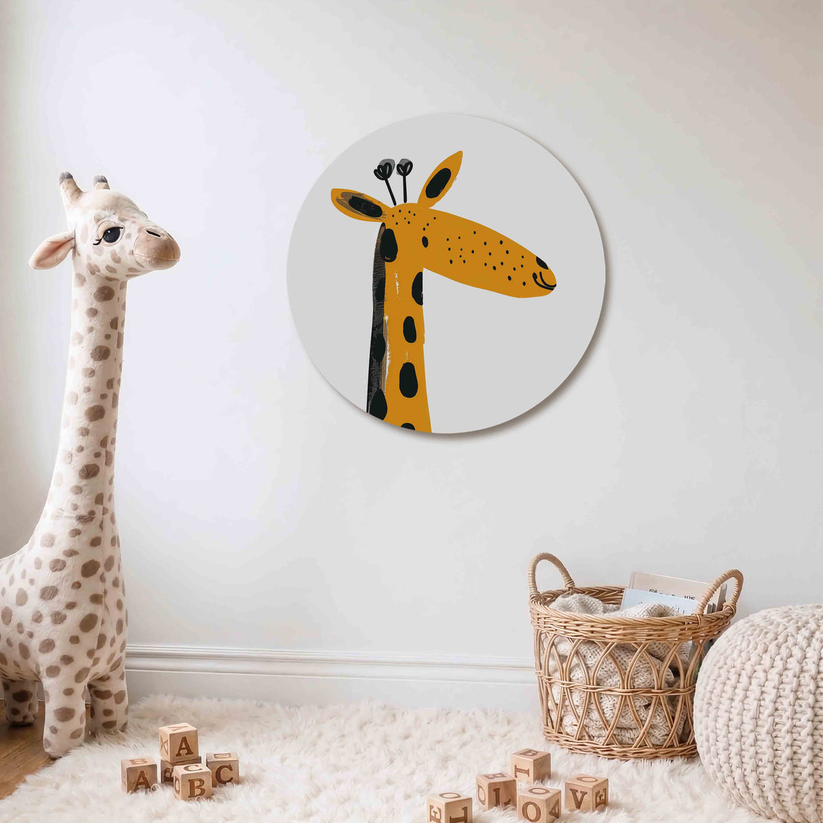 Giraffe illustratie Muurcirkel – Een giraffe met een oranje lichaam en zwarte vlekken staat centraal op een witte