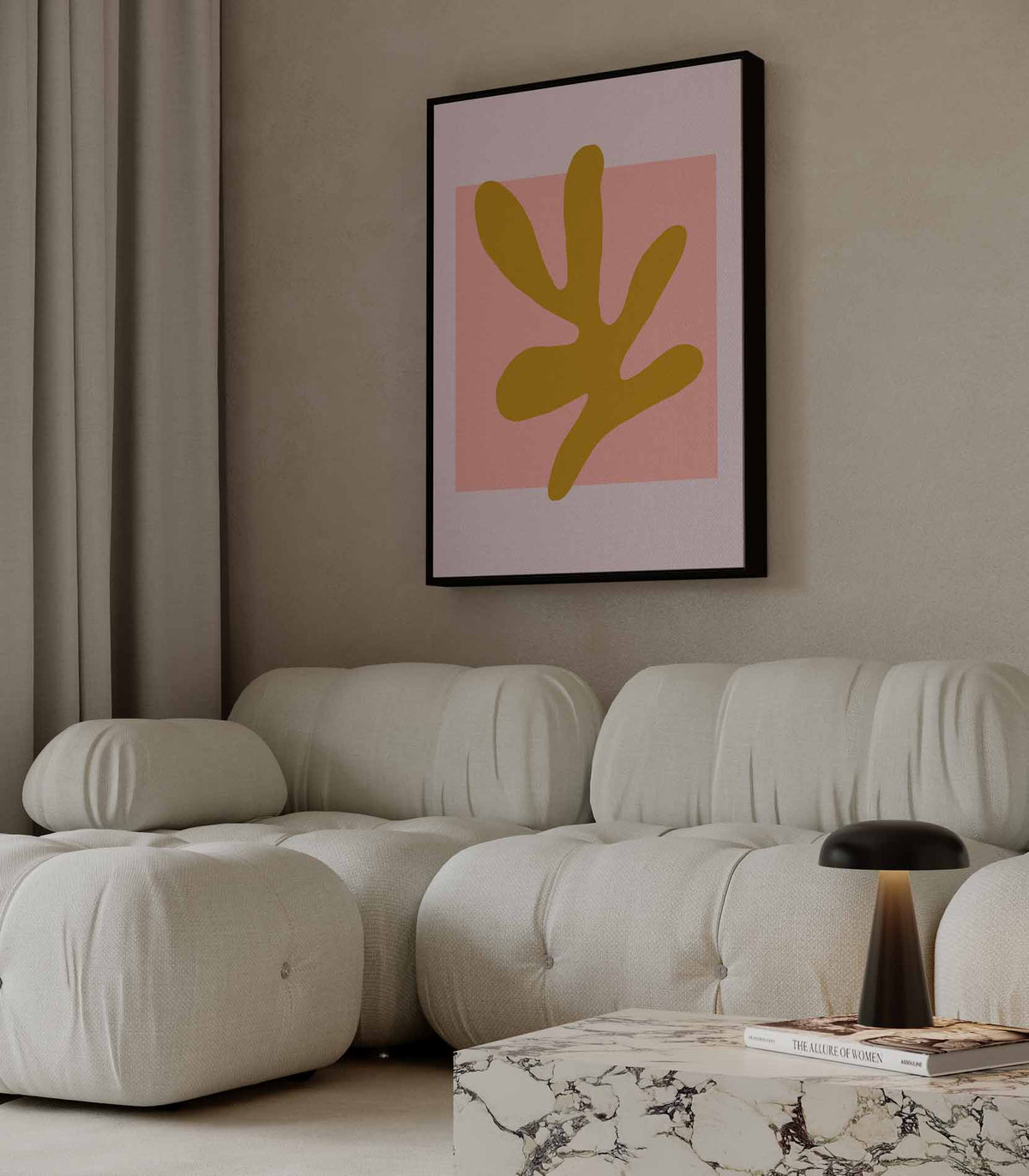 Abstracte Vormen in Oker en Roze – staande wandkunst voor woonkamer of interieur