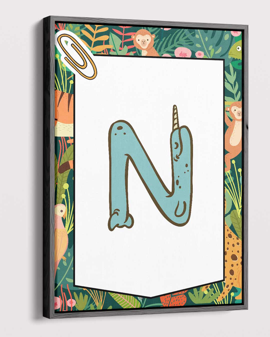 Narwhal N Kinderalfabet Print – plexiglas wanddecoratie in portret formaat