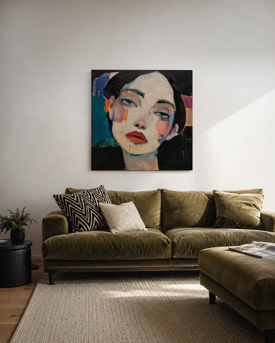 Abstracte kunstwerk – derde productweergave – dit kunstwerk toont een portret met levendige kleuren en dynamische